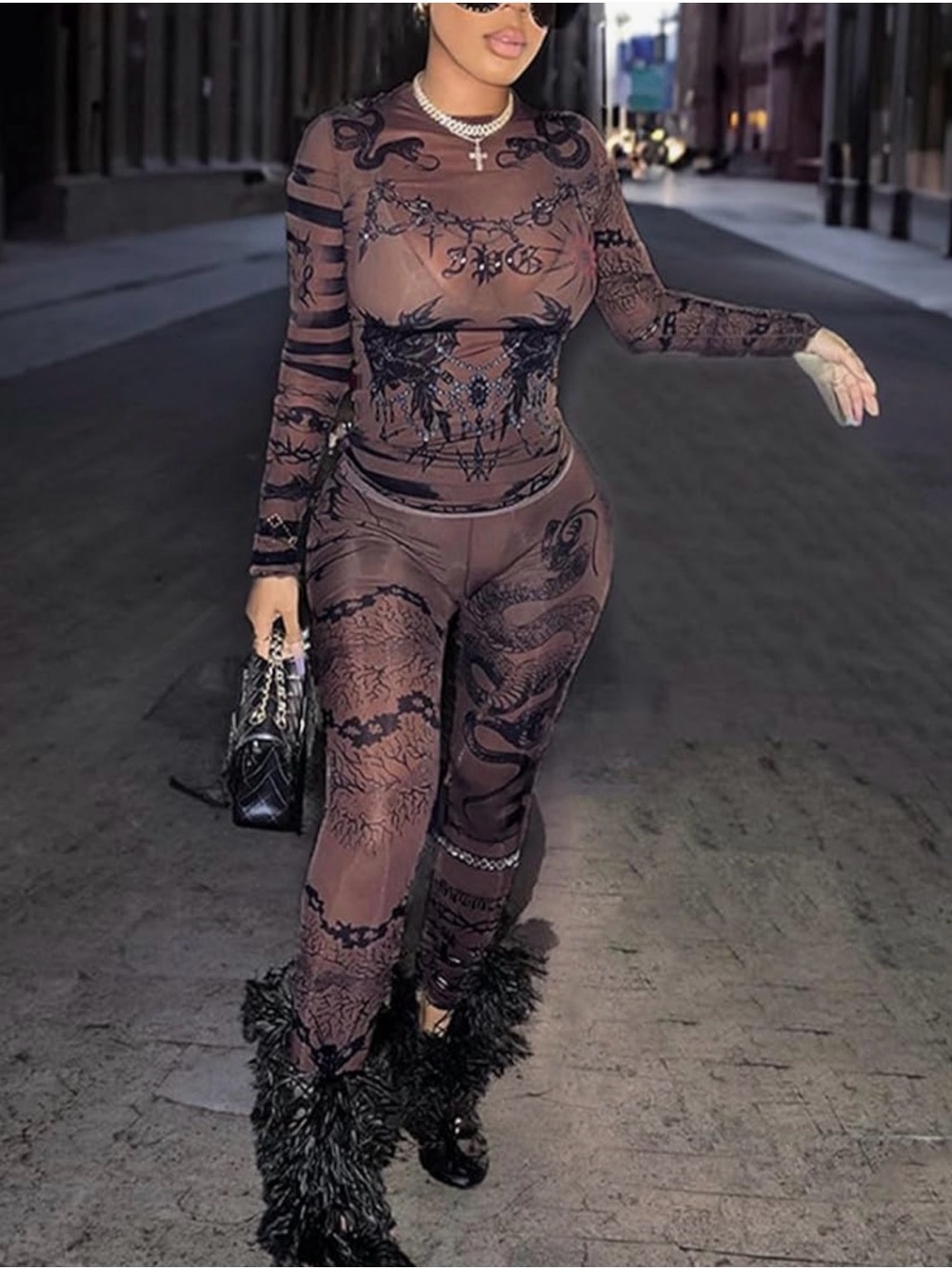Sheer Lace-Print Long Sleeve 2 piece matching set - Brown size S